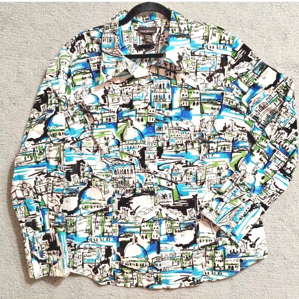 Lane Bryant Top Womens 18-20W Cityscape Graphic Print Button Up Art to Wear‎